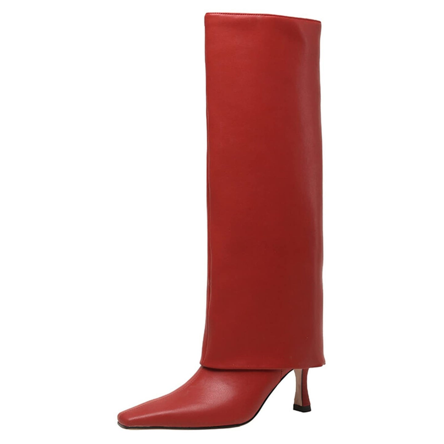 Women's Stiletto Heel Knee High Boots Square Toe Slip On Fold Over Boots For Women Leather Comfortable Dress Tall Boots