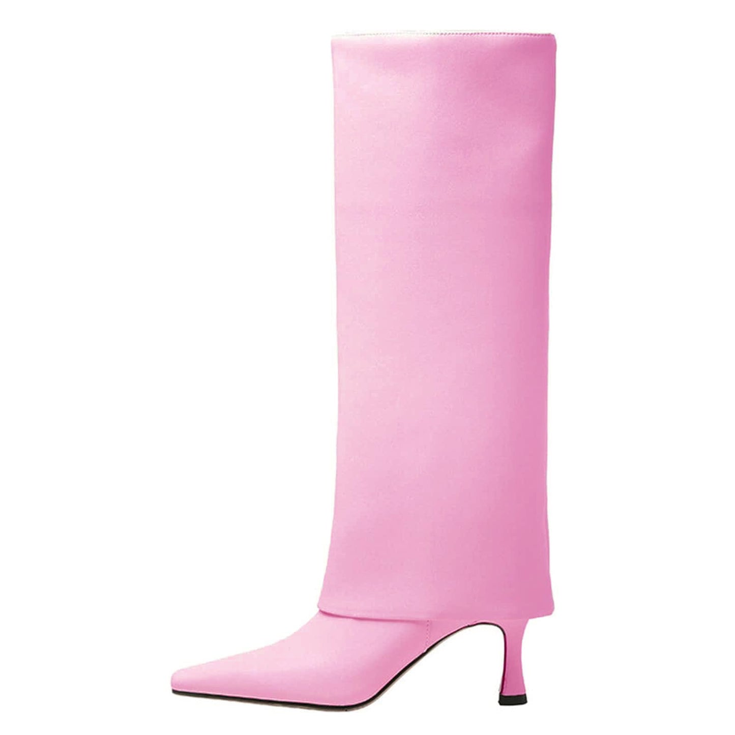 Women's Stiletto Heel Knee High Boots Square Toe Slip On Fold Over Boots For Women Leather Comfortable Dress Tall Boots