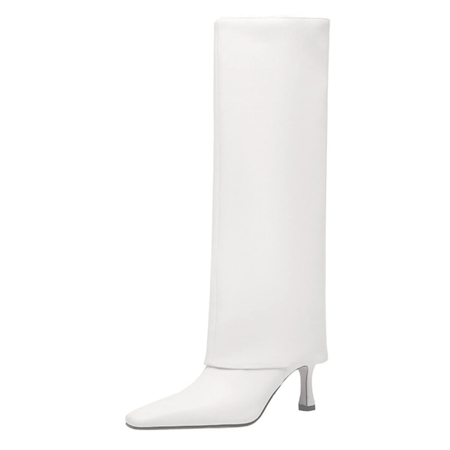 Women's Stiletto Heel Knee High Boots Square Toe Slip On Fold Over Boots For Women Leather Comfortable Dress Tall Boots