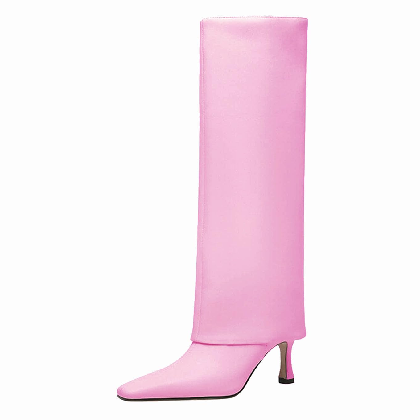 Women's Stiletto Heel Knee High Boots Square Toe Slip On Fold Over Boots For Women Leather Comfortable Dress Tall Boots