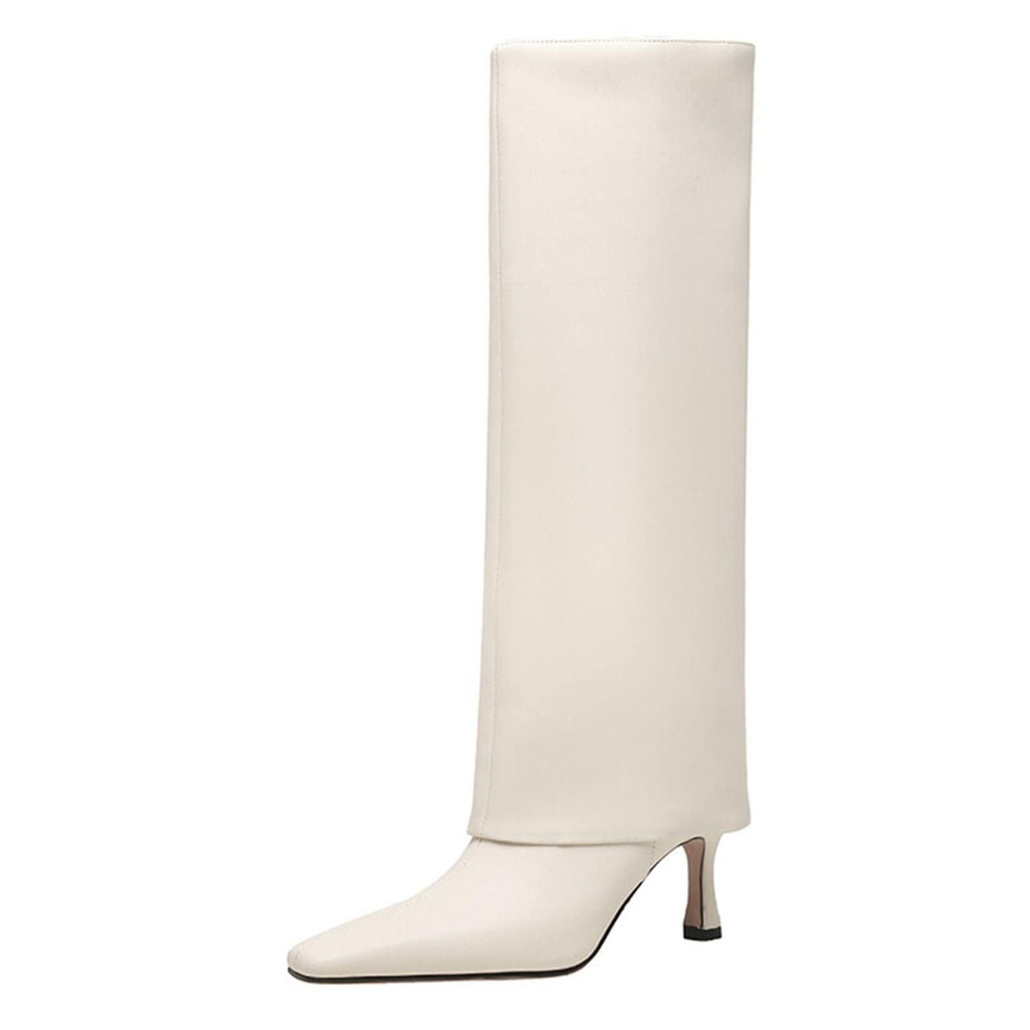 Women's Stiletto Heel Knee High Boots Square Toe Slip On Fold Over Boots For Women Leather Comfortable Dress Tall Boots