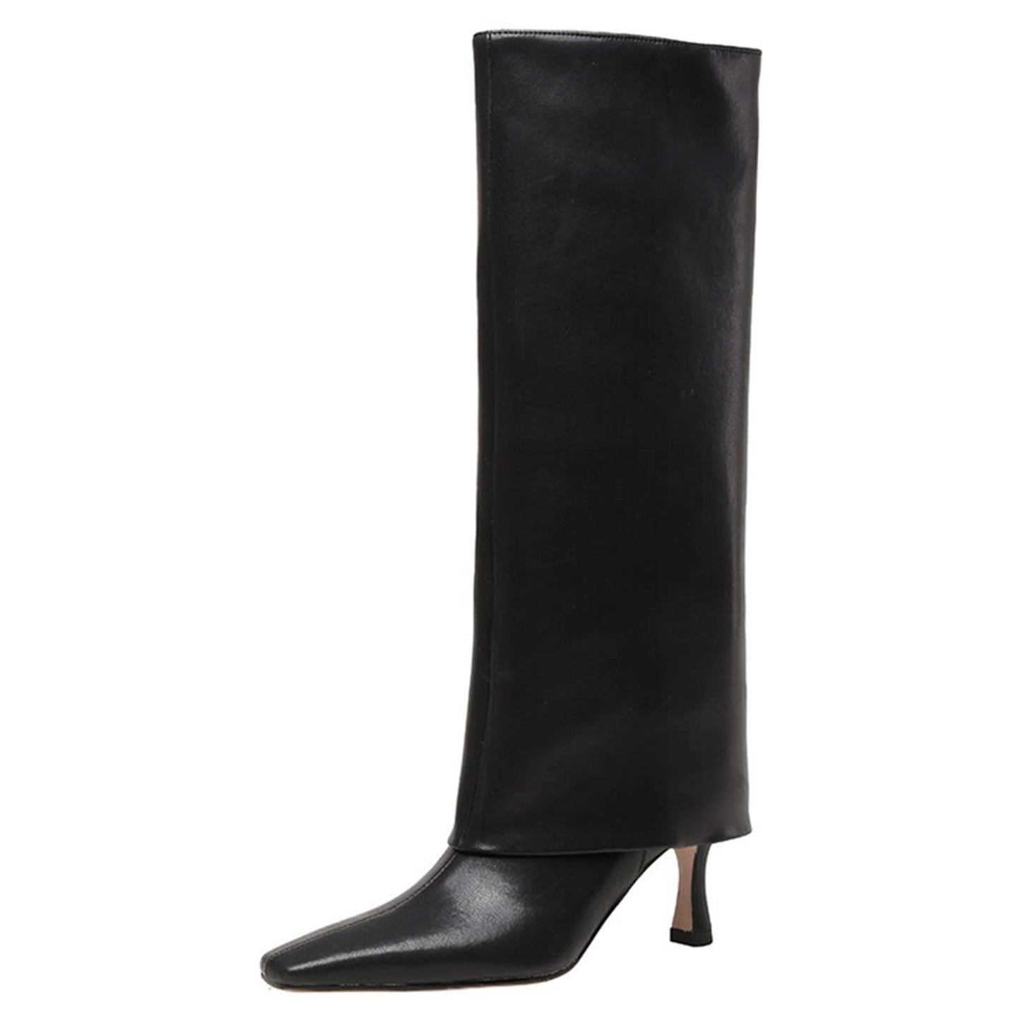 Women's Stiletto Heel Knee High Boots Square Toe Slip On Fold Over Boots For Women Leather Comfortable Dress Tall Boots