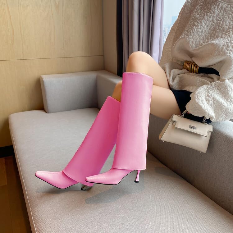 Women's Stiletto Heel Knee High Boots Square Toe Slip On Fold Over Boots For Women Leather Comfortable Dress Tall Boots