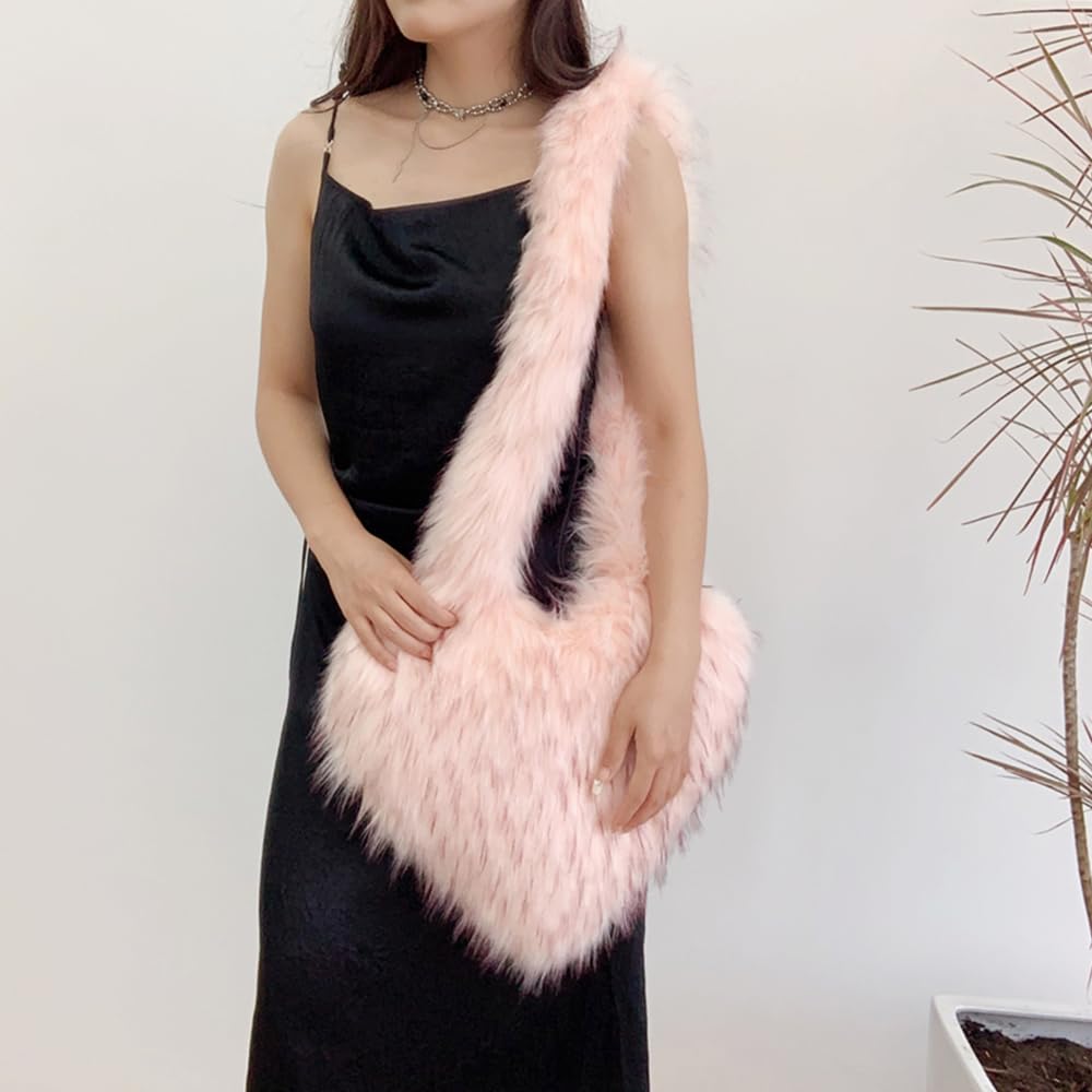 Cookies Heart Shaped Furry Purse for Women Large Soft Shoulder Bag Fluffy Faux Fur Trendy Y2K Girls Handbag