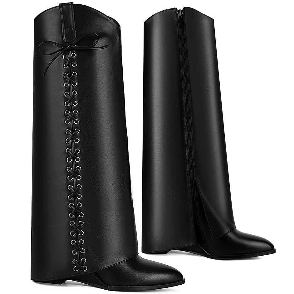 Fold Over Boots for Women Pointy Pull-on Wedge Heel Knee Shark Boot With Side Zipper Padlock Design