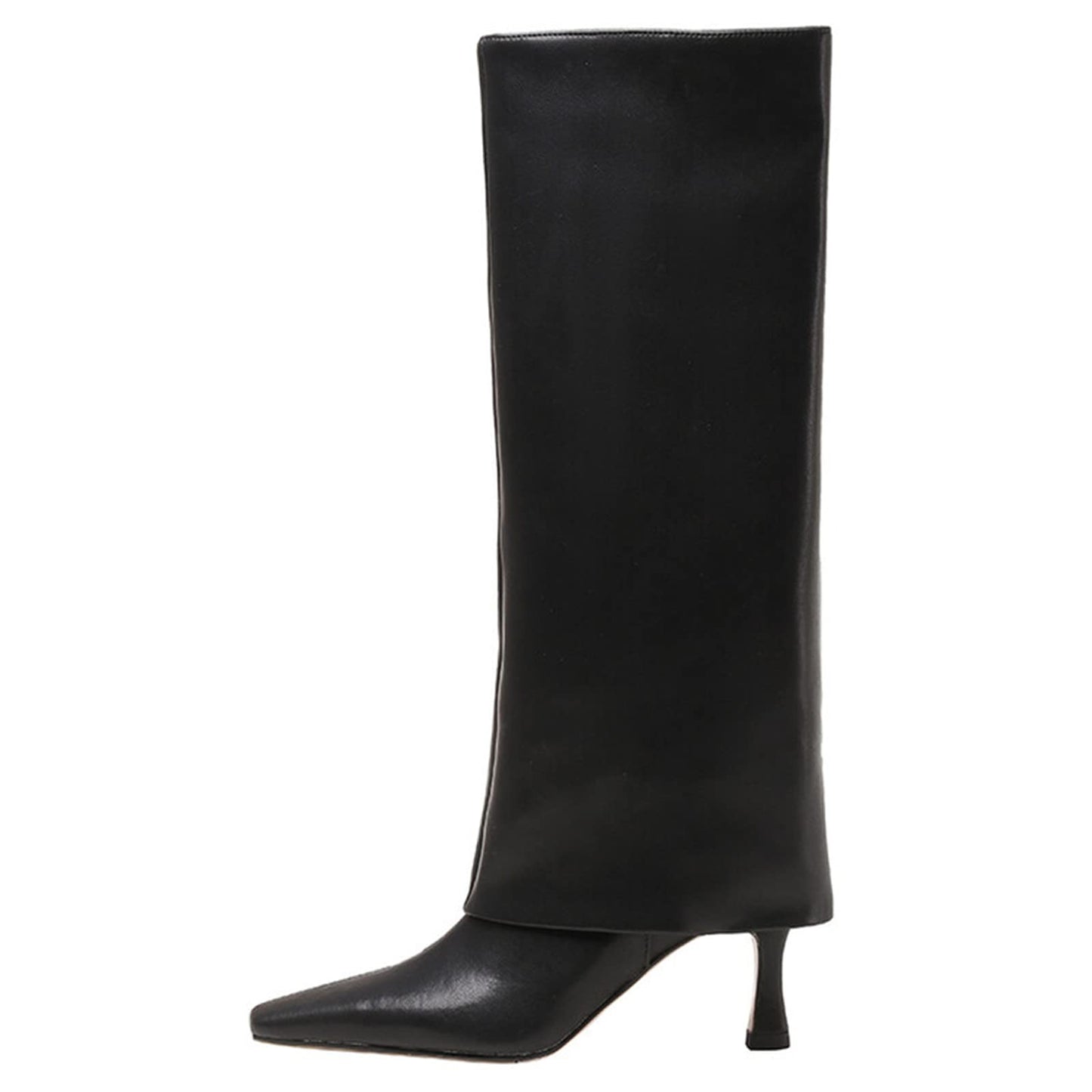 Women's Stiletto Heel Knee High Boots Square Toe Slip On Fold Over Boots For Women Leather Comfortable Dress Tall Boots