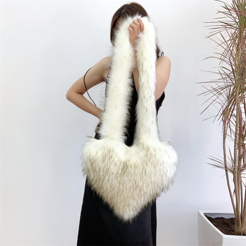 Cookies Heart Shaped Furry Purse for Women Large Soft Shoulder Bag Fluffy Faux Fur Trendy Y2K Girls Handbag