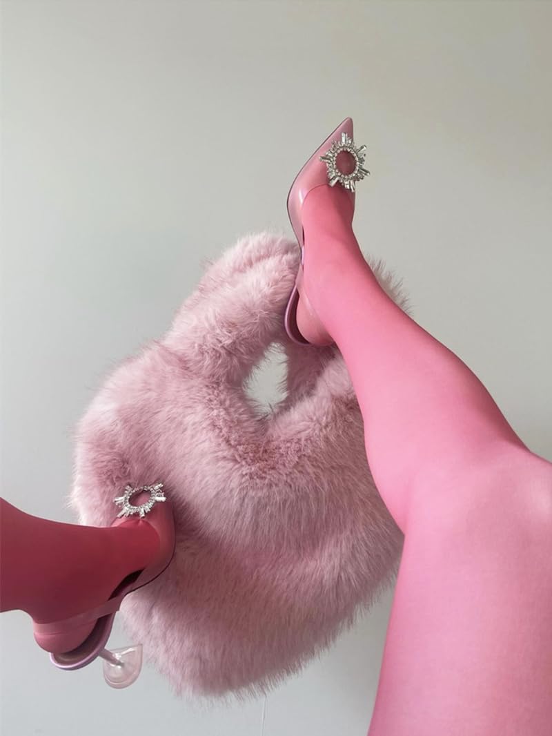 Cookies Heart Shaped Furry Purse for Women Large Soft Shoulder Bag Fluffy Faux Fur Trendy Y2K Girls Handbag