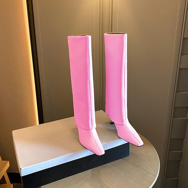 Women's Stiletto Heel Knee High Boots Square Toe Slip On Fold Over Boots For Women Leather Comfortable Dress Tall Boots