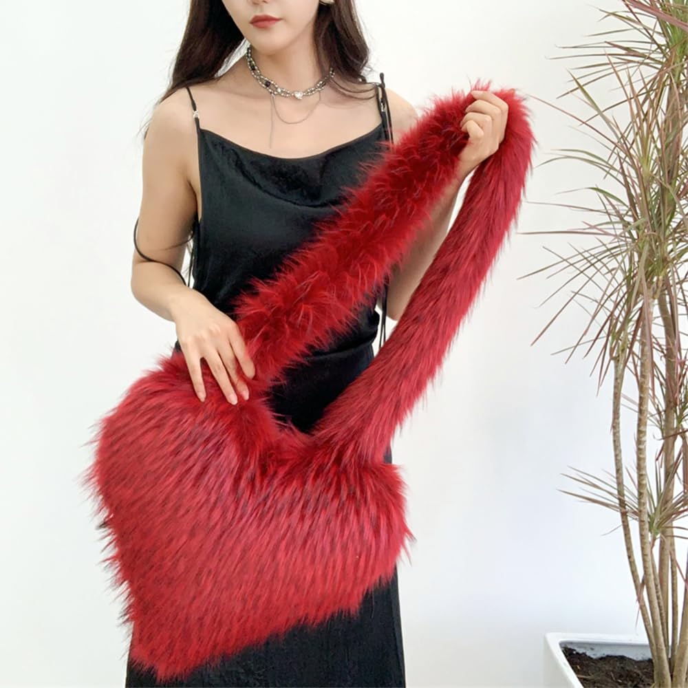 Cookies Heart Shaped Furry Purse for Women Large Soft Shoulder Bag Fluffy Faux Fur Trendy Y2K Girls Handbag