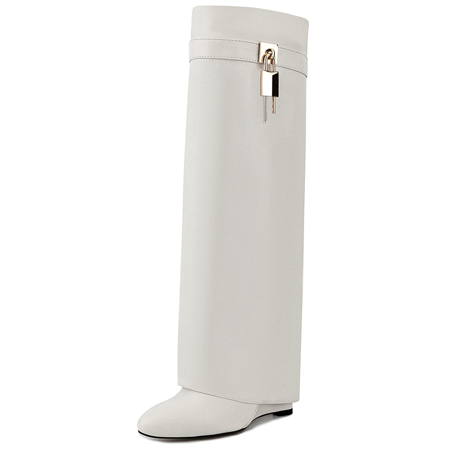 Fold Over Boots for Women Pointy Pull-on Wedge Heel Knee Shark Boot With Side Zipper Padlock Design