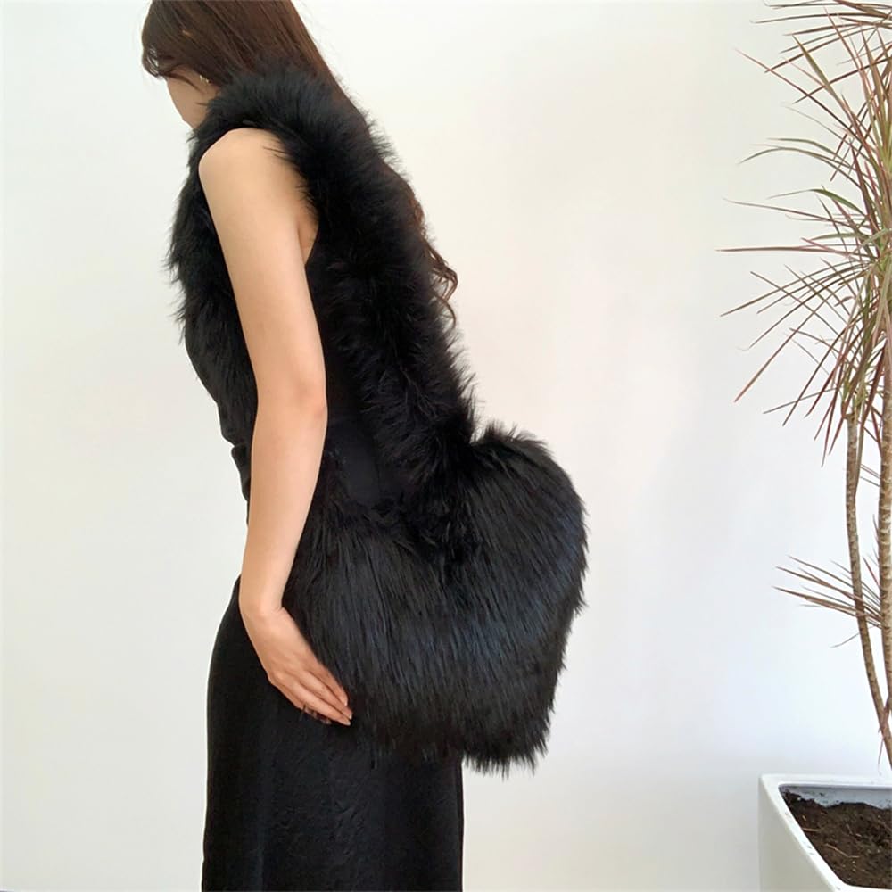 Cookies Heart Shaped Furry Purse for Women Large Soft Shoulder Bag Fluffy Faux Fur Trendy Y2K Girls Handbag