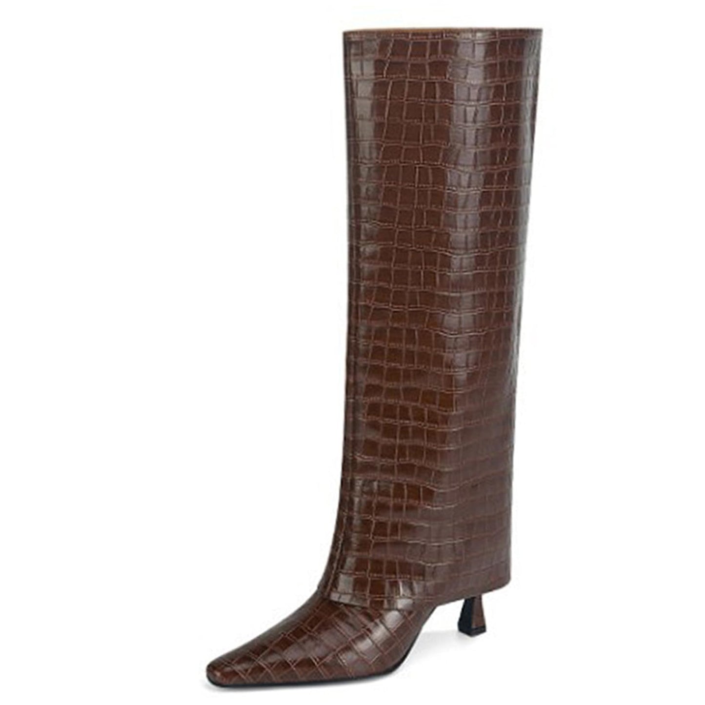 Women's Stiletto Heel Knee High Boots Square Toe Slip On Fold Over Boots For Women Leather Comfortable Dress Tall Boots