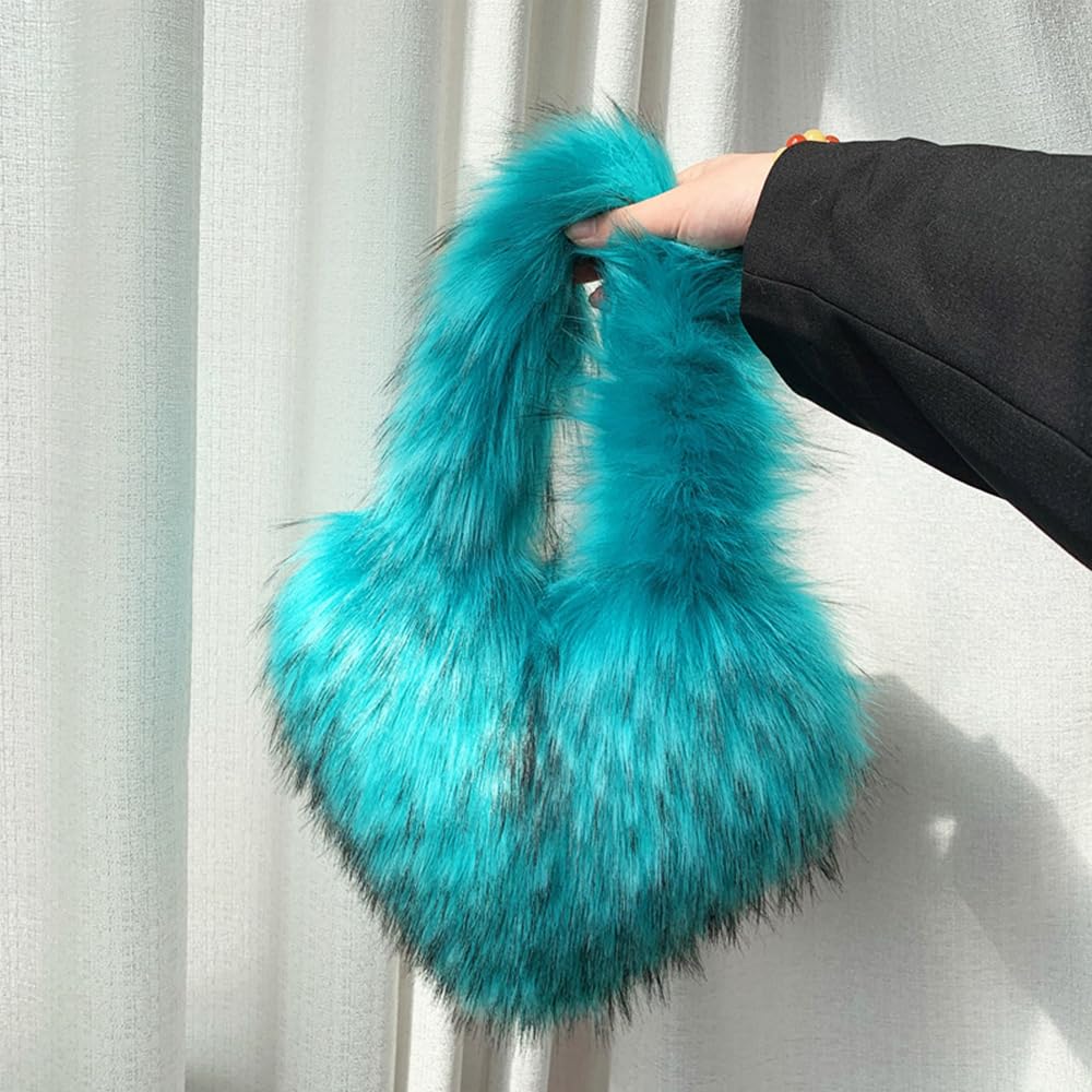 Cookies Heart Shaped Furry Purse for Women Large Soft Shoulder Bag Fluffy Faux Fur Trendy Y2K Girls Handbag