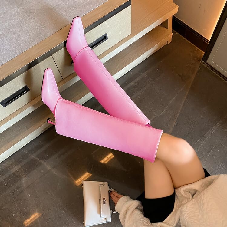 Women's Stiletto Heel Knee High Boots Square Toe Slip On Fold Over Boots For Women Leather Comfortable Dress Tall Boots