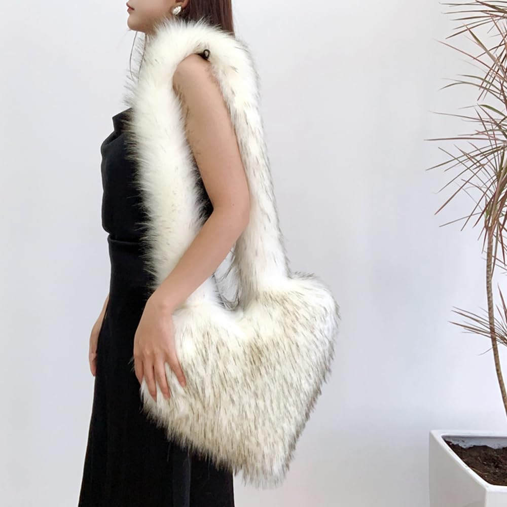 Cookies Heart Shaped Furry Purse for Women Large Soft Shoulder Bag Fluffy Faux Fur Trendy Y2K Girls Handbag