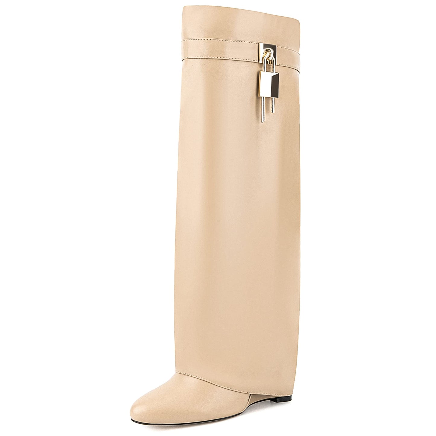 Fold Over Boots for Women Pointy Pull-on Wedge Heel Knee Shark Boot With Side Zipper Padlock Design