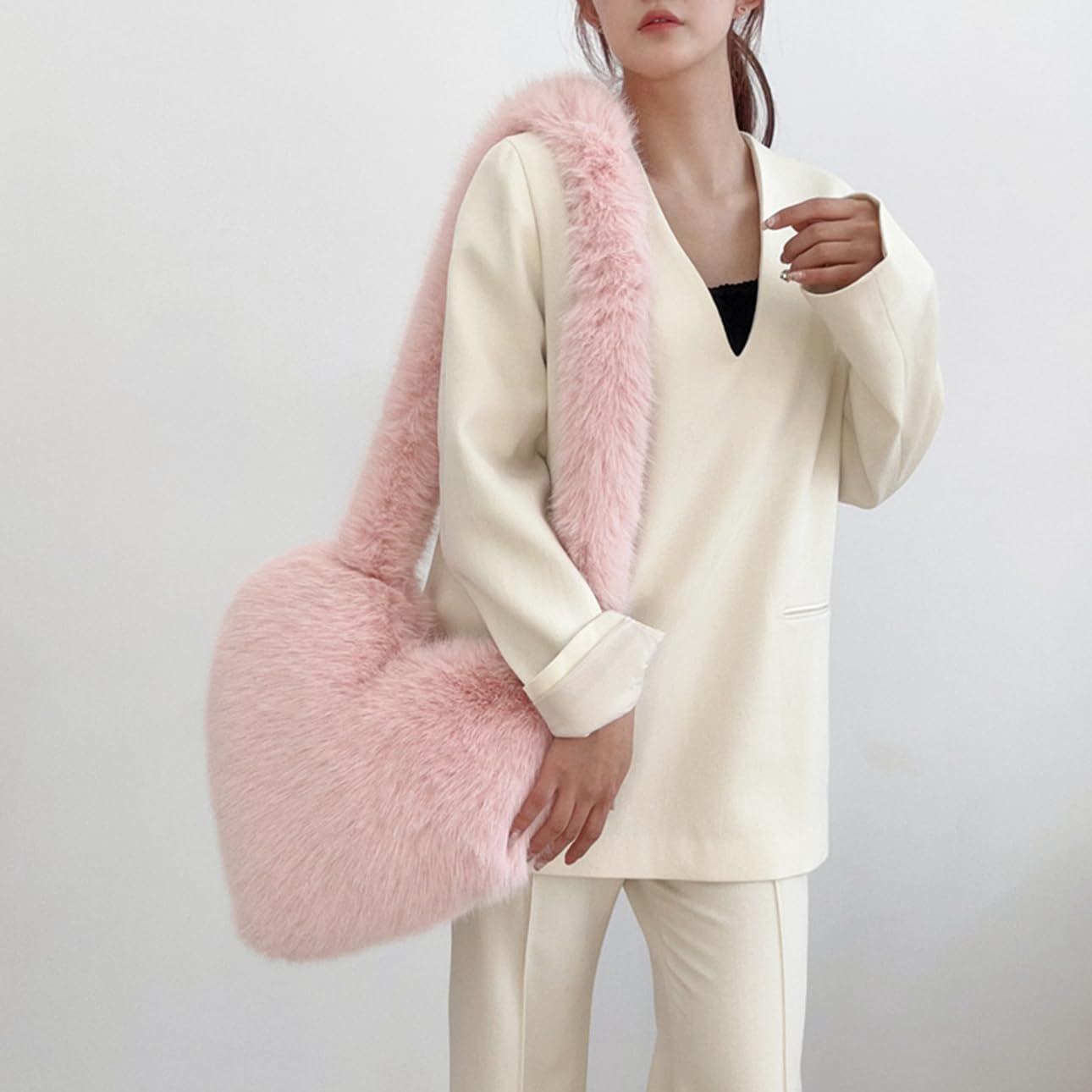 Cookies Heart Shaped Furry Purse for Women Large Soft Shoulder Bag Fluffy Faux Fur Trendy Y2K Girls Handbag