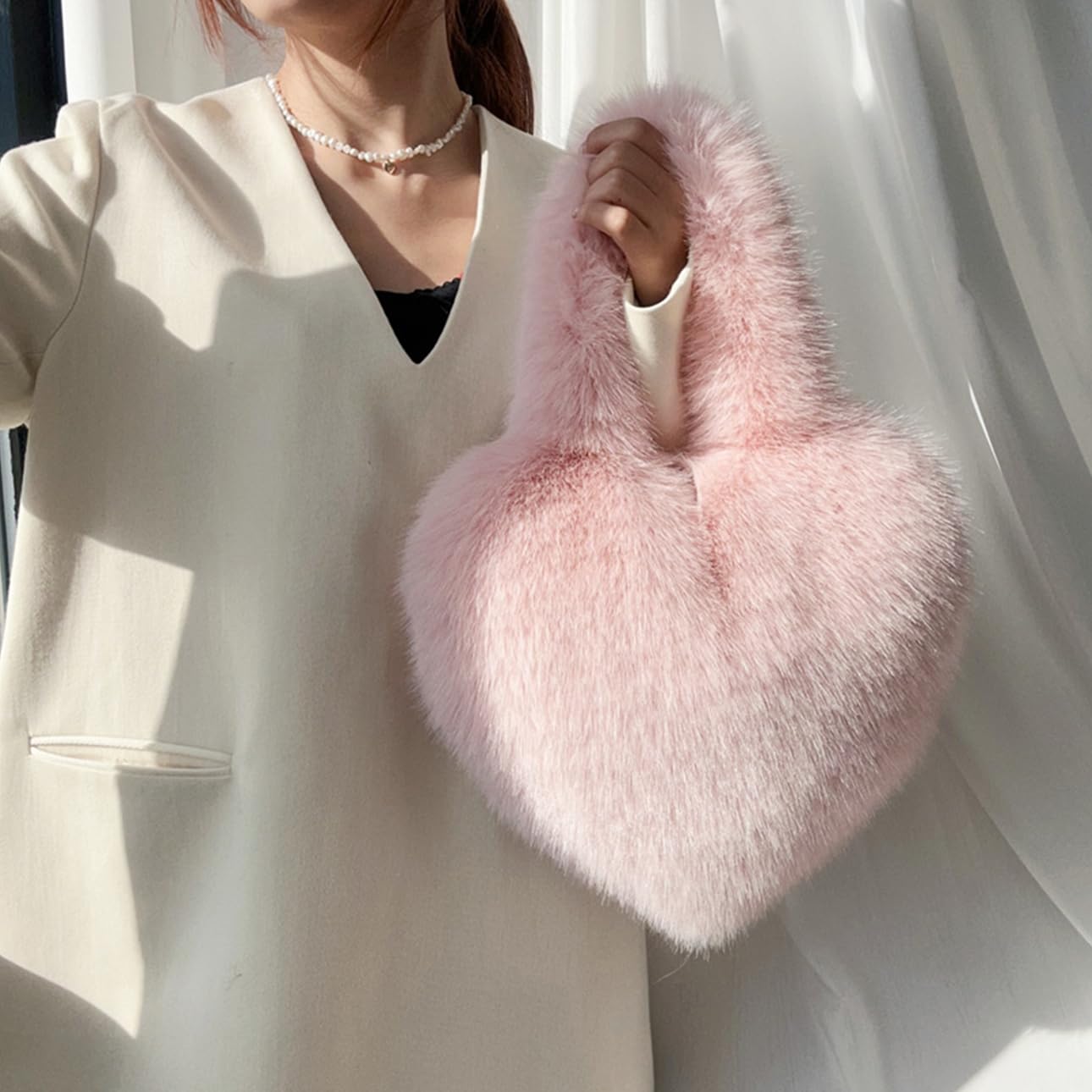 Cookies Heart Shaped Furry Purse for Women Large Soft Shoulder Bag Fluffy Faux Fur Trendy Y2K Girls Handbag