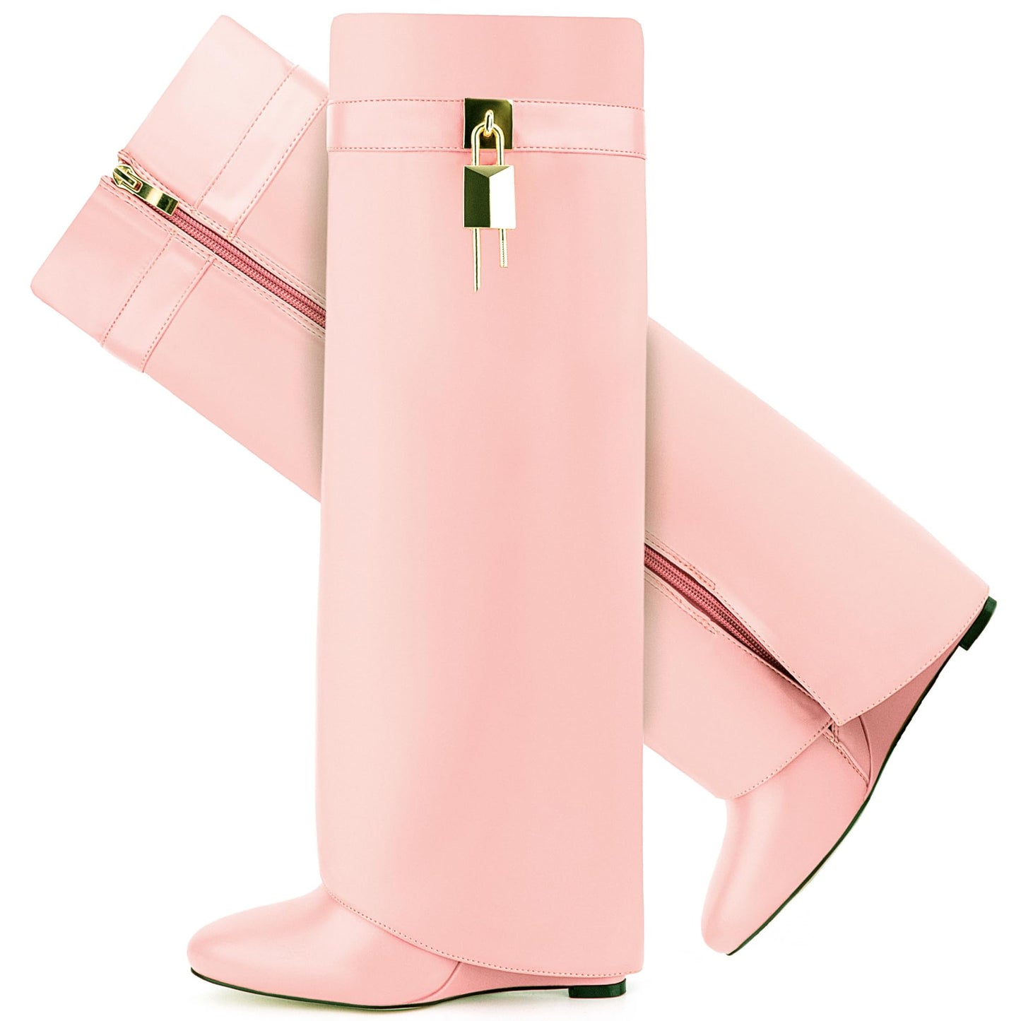 Fold Over Boots for Women Pointy Pull-on Wedge Heel Knee Shark Boot With Side Zipper Padlock Design