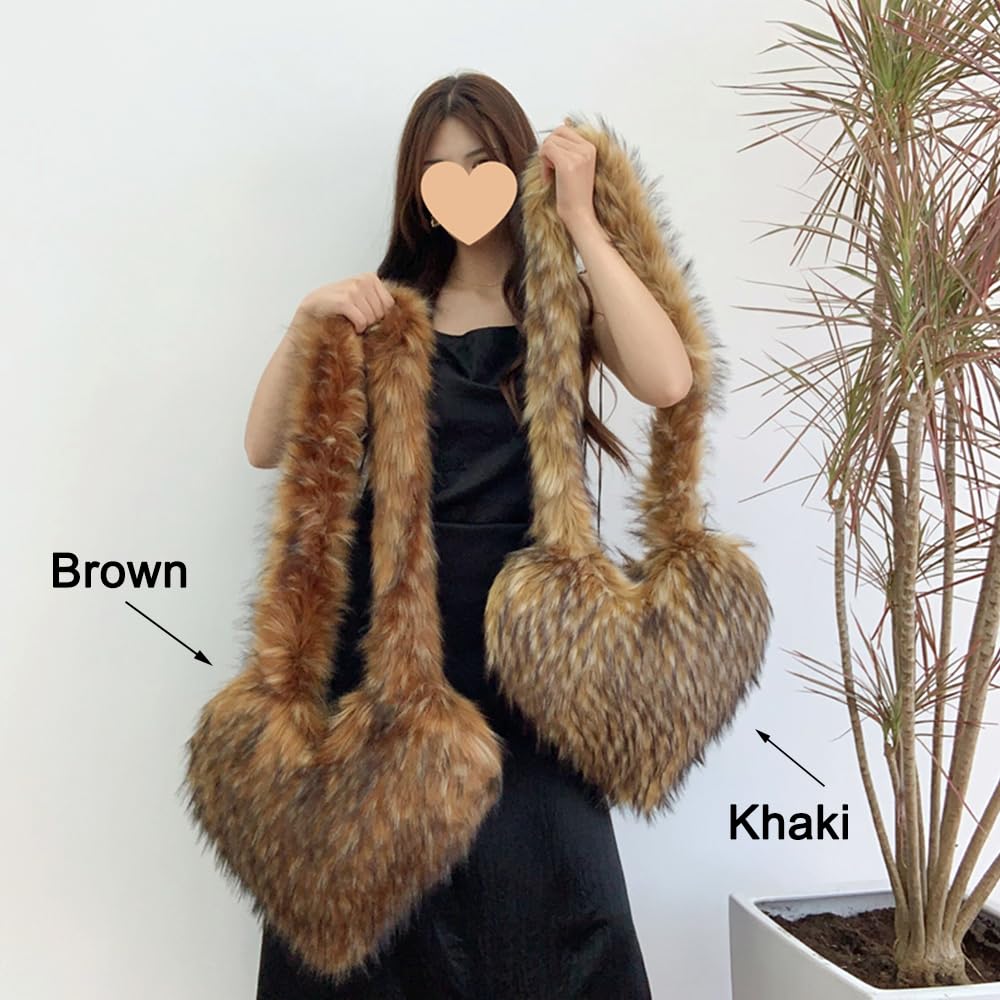 Cookies Heart Shaped Furry Purse for Women Large Soft Shoulder Bag Fluffy Faux Fur Trendy Y2K Girls Handbag
