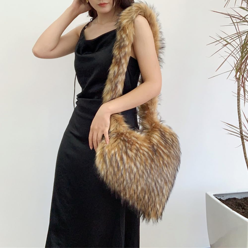 Cookies Heart Shaped Furry Purse for Women Large Soft Shoulder Bag Fluffy Faux Fur Trendy Y2K Girls Handbag