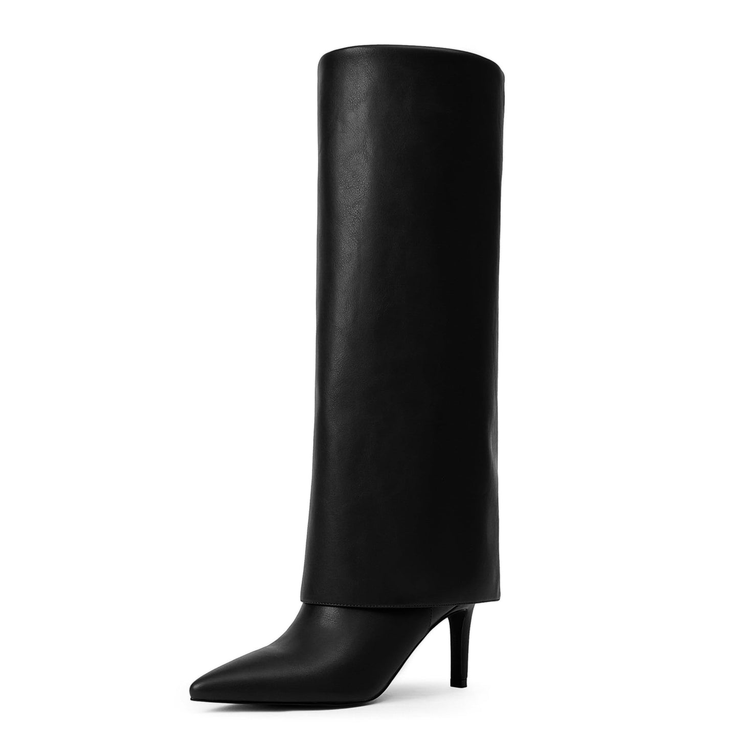 Knee High Boots Women Fold Over Boots Pointed Toe Stiletto Heel