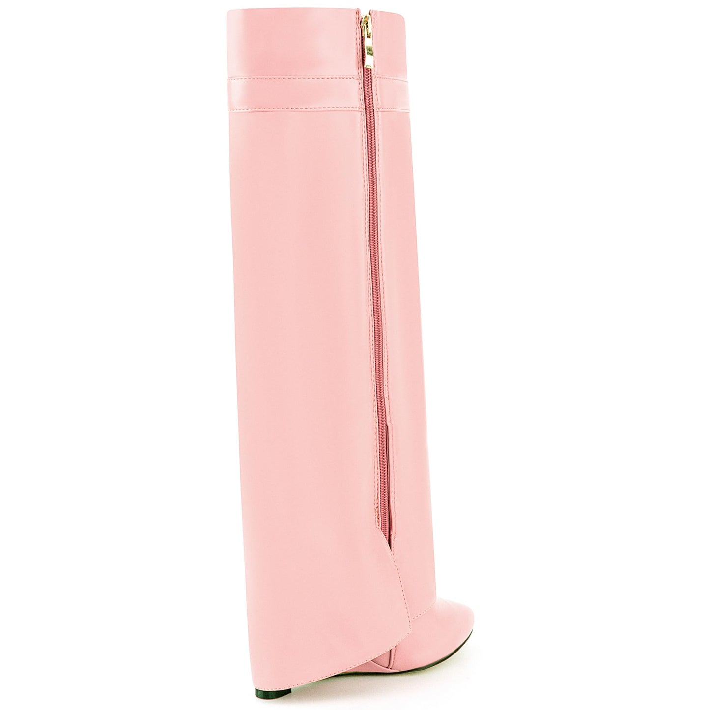 Fold Over Boots for Women Pointy Pull-on Wedge Heel Knee Shark Boot With Side Zipper Padlock Design
