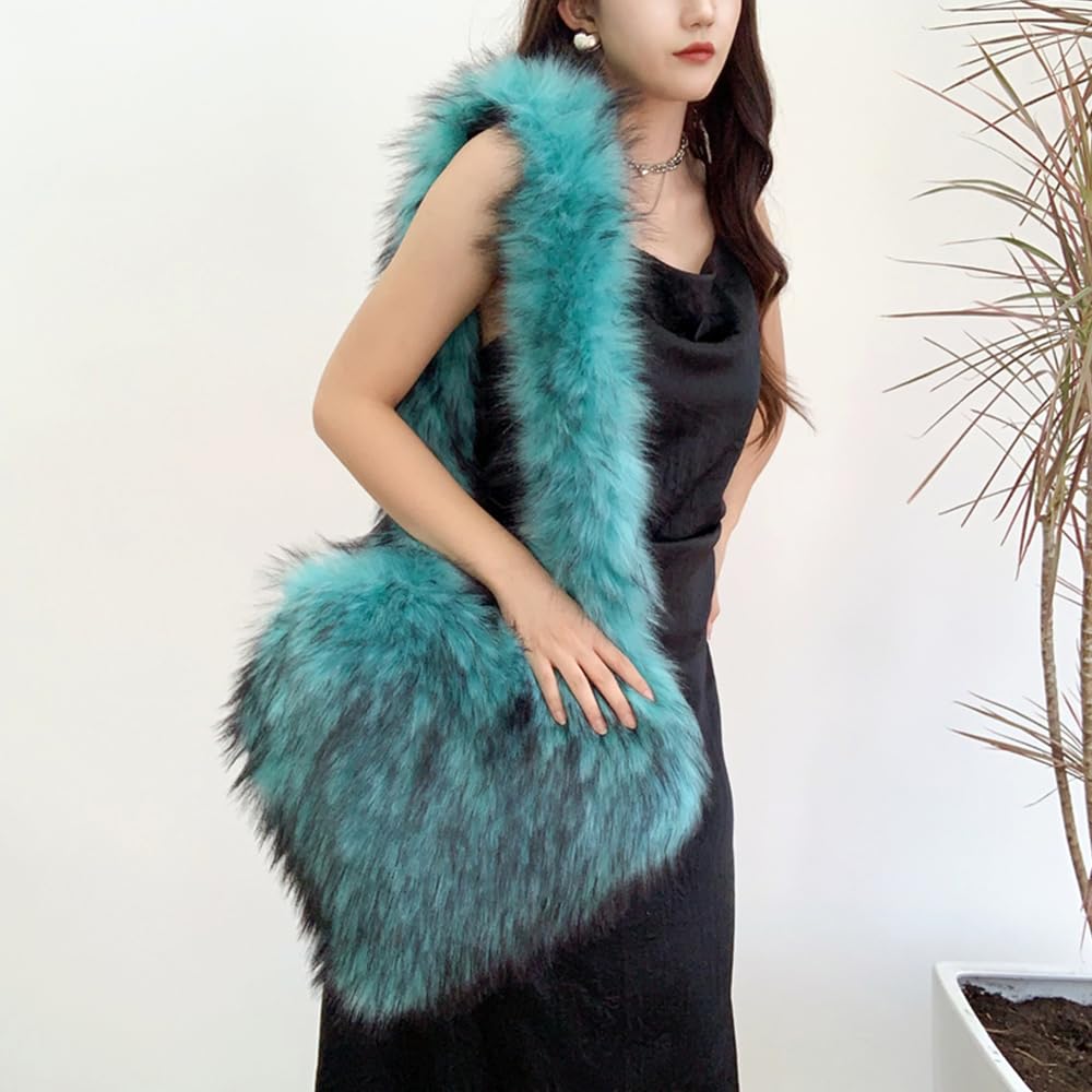 Cookies Heart Shaped Furry Purse for Women Large Soft Shoulder Bag Fluffy Faux Fur Trendy Y2K Girls Handbag