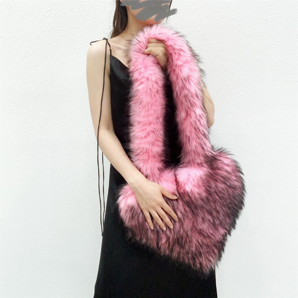 Cookies Heart Shaped Furry Purse for Women Large Soft Shoulder Bag Fluffy Faux Fur Trendy Y2K Girls Handbag