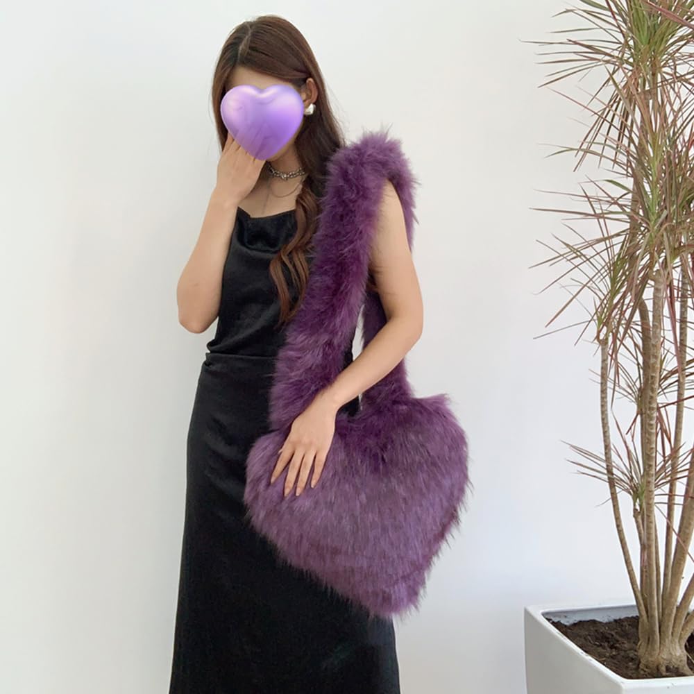 Cookies Heart Shaped Furry Purse for Women Large Soft Shoulder Bag Fluffy Faux Fur Trendy Y2K Girls Handbag