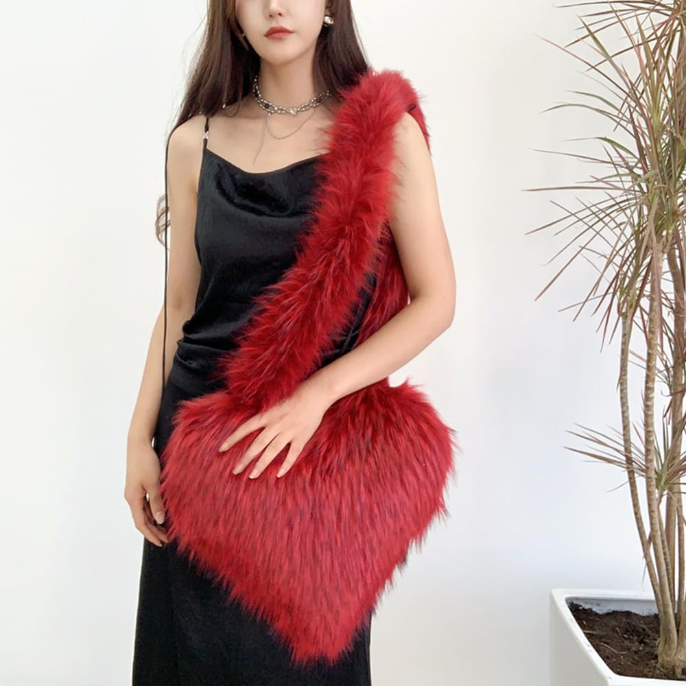 Cookies Heart Shaped Furry Purse for Women Large Soft Shoulder Bag Fluffy Faux Fur Trendy Y2K Girls Handbag