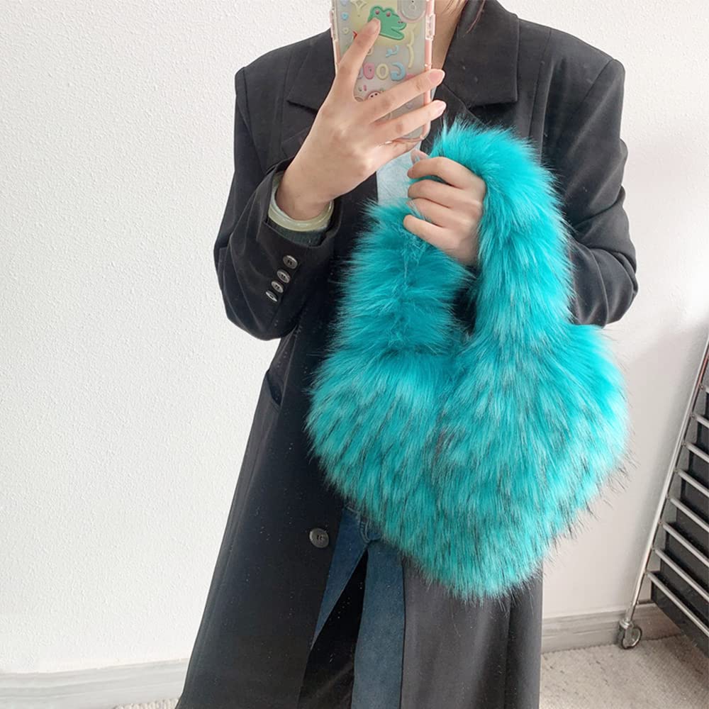 Cookies Heart Shaped Furry Purse for Women Large Soft Shoulder Bag Fluffy Faux Fur Trendy Y2K Girls Handbag