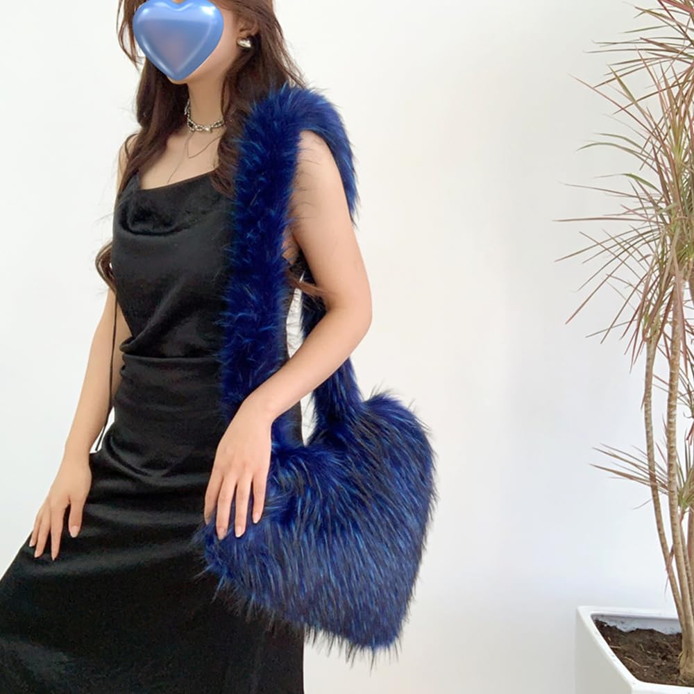 Cookies Heart Shaped Furry Purse for Women Large Soft Shoulder Bag Fluffy Faux Fur Trendy Y2K Girls Handbag