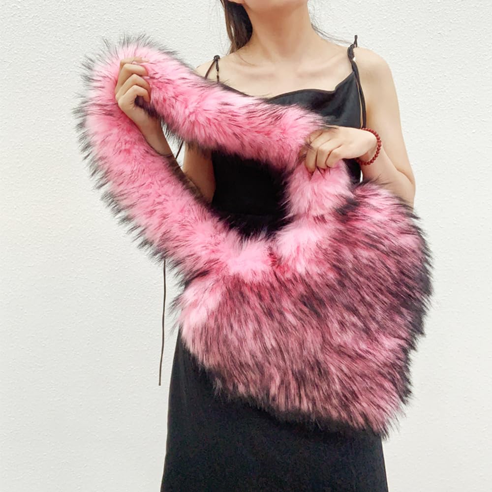 Cookies Heart Shaped Furry Purse for Women Large Soft Shoulder Bag Fluffy Faux Fur Trendy Y2K Girls Handbag