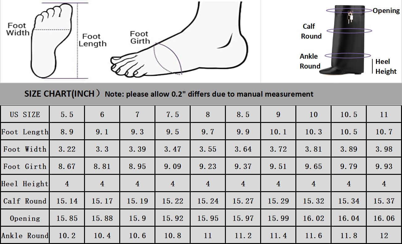 Fold Over Boots for Women Pointy Pull-on Wedge Heel Knee Shark Boot With Side Zipper Padlock Design