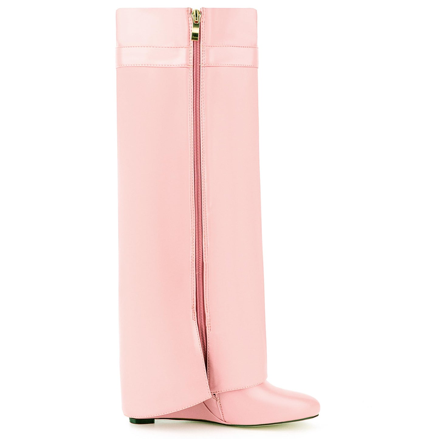 Fold Over Boots for Women Pointy Pull-on Wedge Heel Knee Shark Boot With Side Zipper Padlock Design