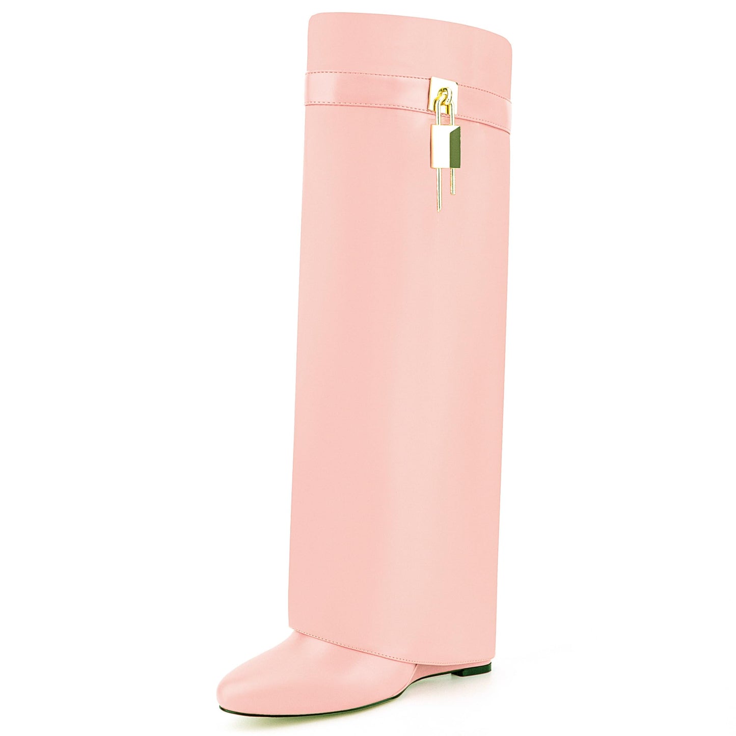 Fold Over Boots for Women Pointy Pull-on Wedge Heel Knee Shark Boot With Side Zipper Padlock Design