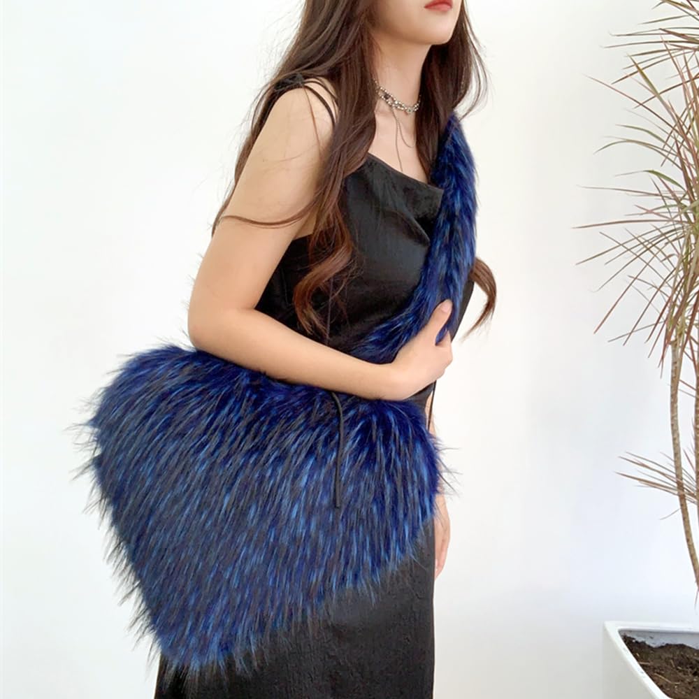 Cookies Heart Shaped Furry Purse for Women Large Soft Shoulder Bag Fluffy Faux Fur Trendy Y2K Girls Handbag