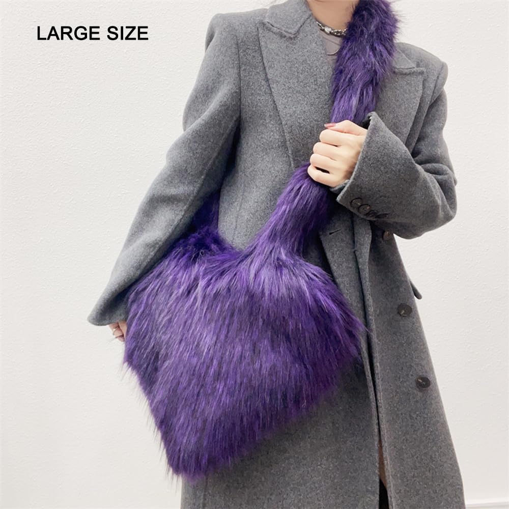 Cookies Heart Shaped Furry Purse for Women Large Soft Shoulder Bag Fluffy Faux Fur Trendy Y2K Girls Handbag