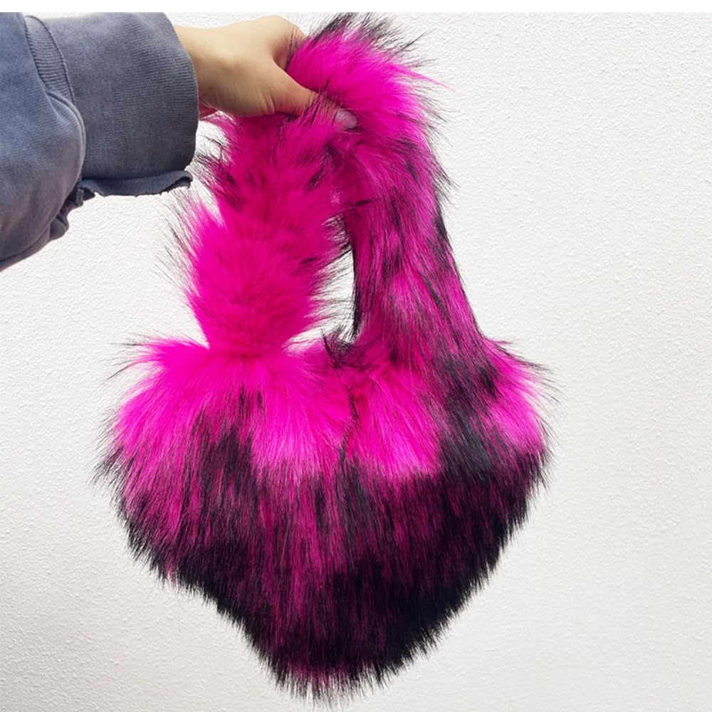 Cookies Heart Shaped Furry Purse for Women Large Soft Shoulder Bag Fluffy Faux Fur Trendy Y2K Girls Handbag