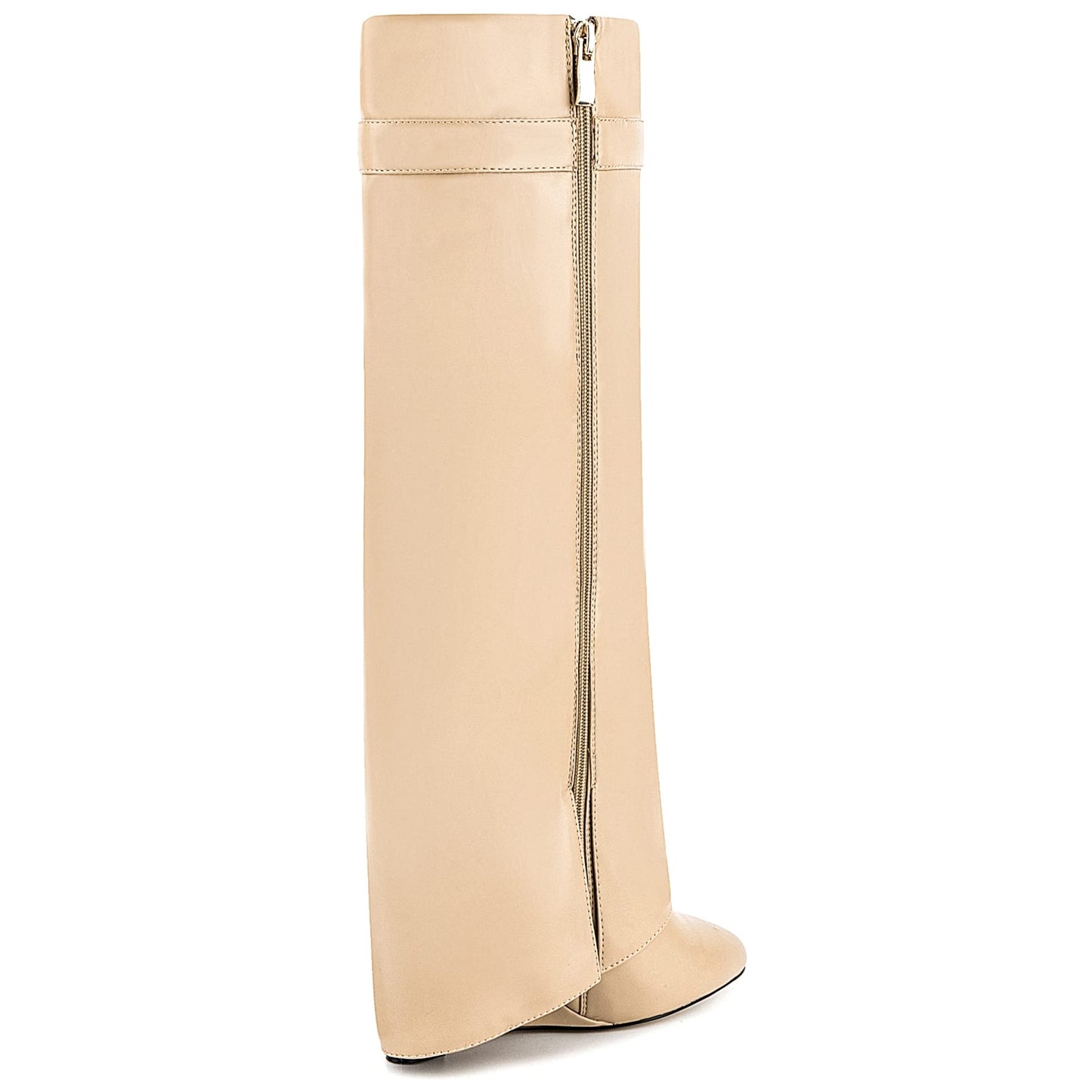 Fold Over Boots for Women Pointy Pull-on Wedge Heel Knee Shark Boot With Side Zipper Padlock Design