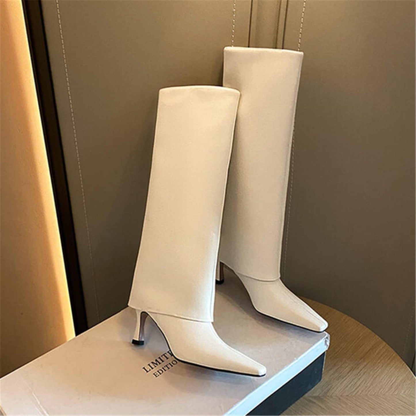 Women's Stiletto Heel Knee High Boots Square Toe Slip On Fold Over Boots For Women Leather Comfortable Dress Tall Boots