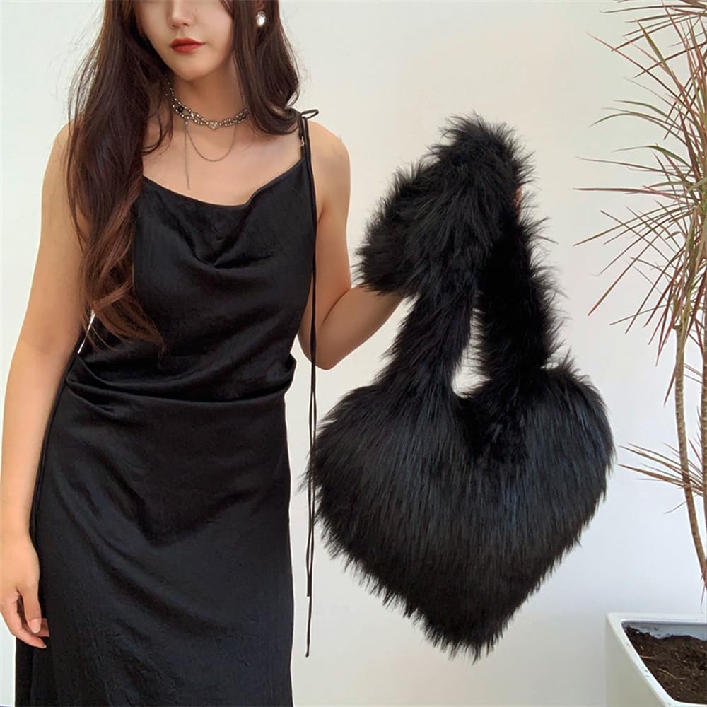 Cookies Heart Shaped Furry Purse for Women Large Soft Shoulder Bag Fluffy Faux Fur Trendy Y2K Girls Handbag