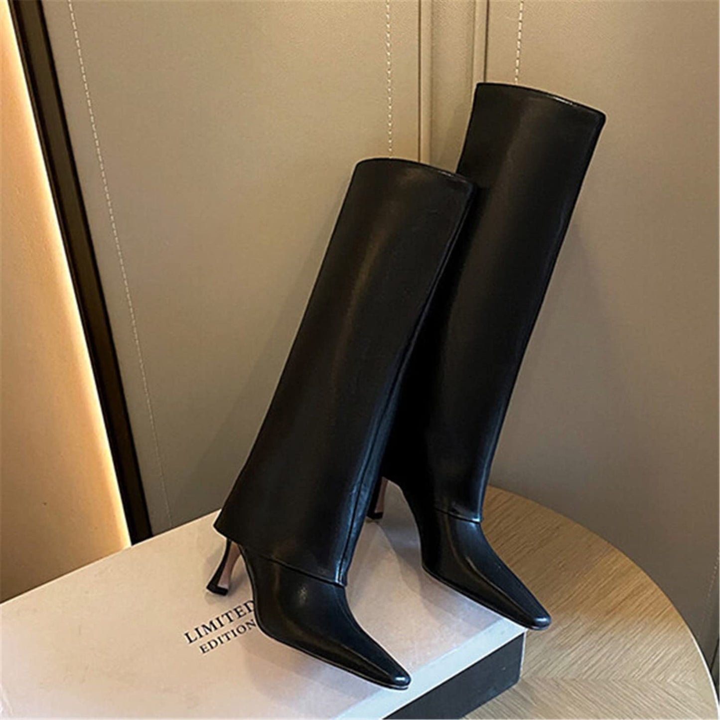 Women's Stiletto Heel Knee High Boots Square Toe Slip On Fold Over Boots For Women Leather Comfortable Dress Tall Boots