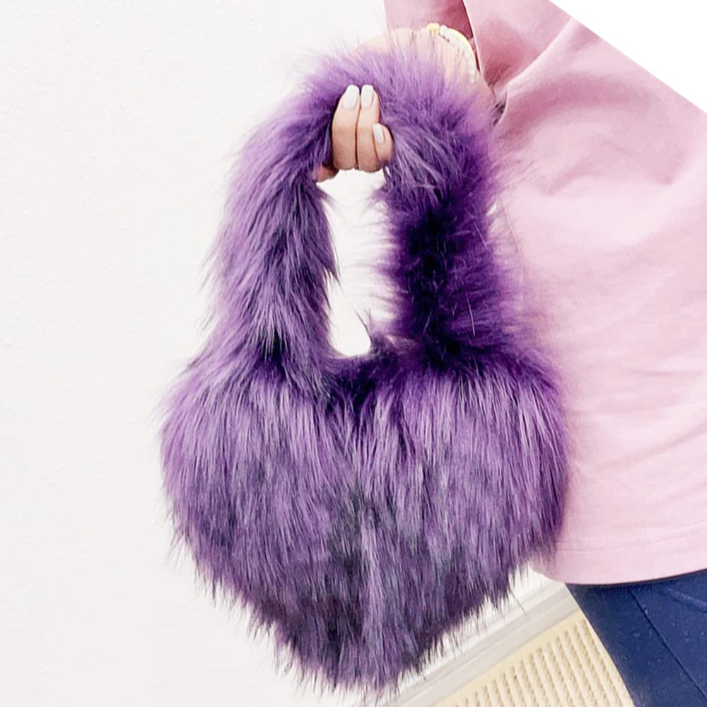 Cookies Heart Shaped Furry Purse for Women Large Soft Shoulder Bag Fluffy Faux Fur Trendy Y2K Girls Handbag