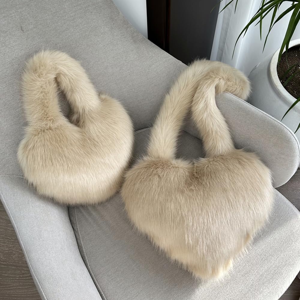 Cookies Heart Shaped Furry Purse for Women Large Soft Shoulder Bag Fluffy Faux Fur Trendy Y2K Girls Handbag