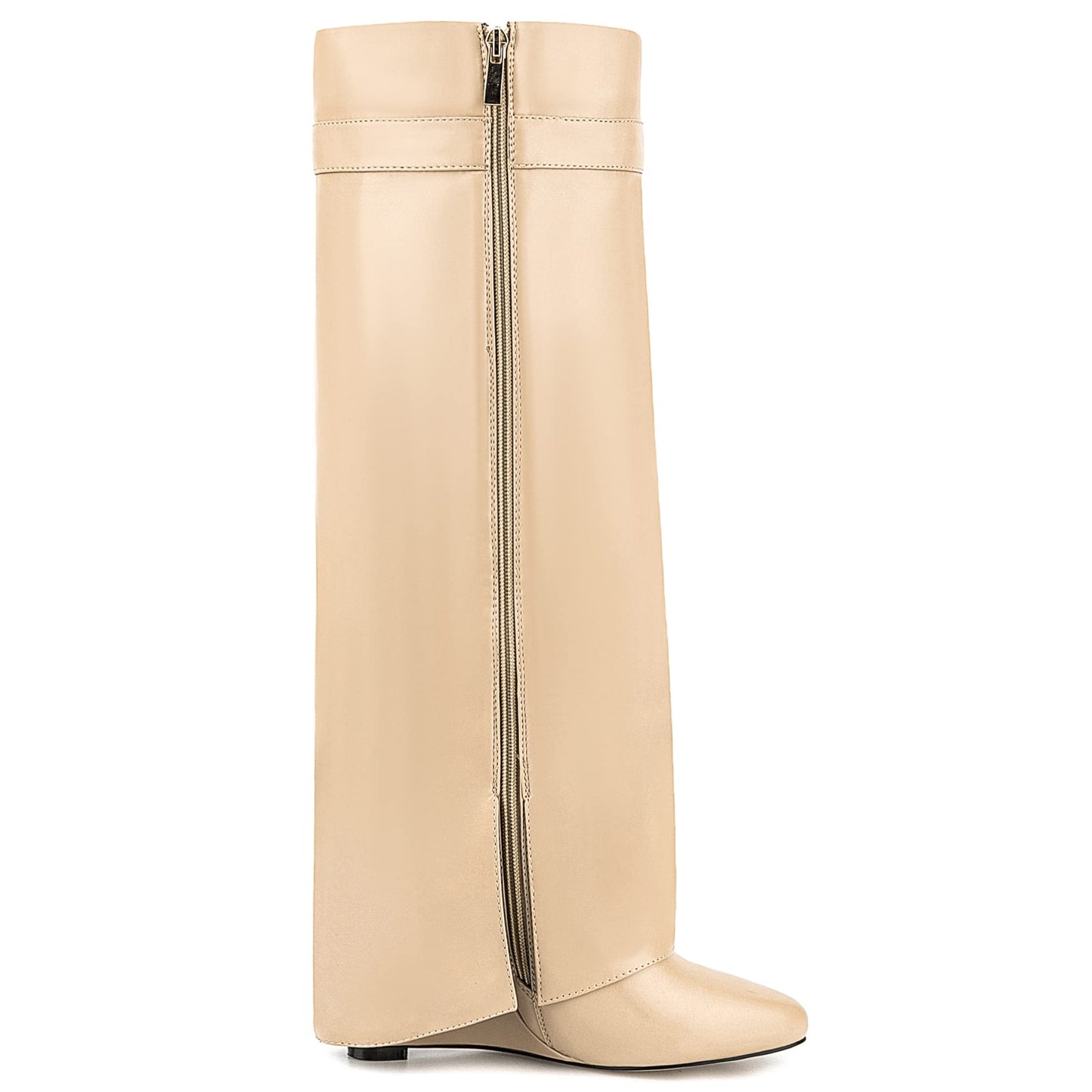 Fold Over Boots for Women Pointy Pull-on Wedge Heel Knee Shark Boot With Side Zipper Padlock Design
