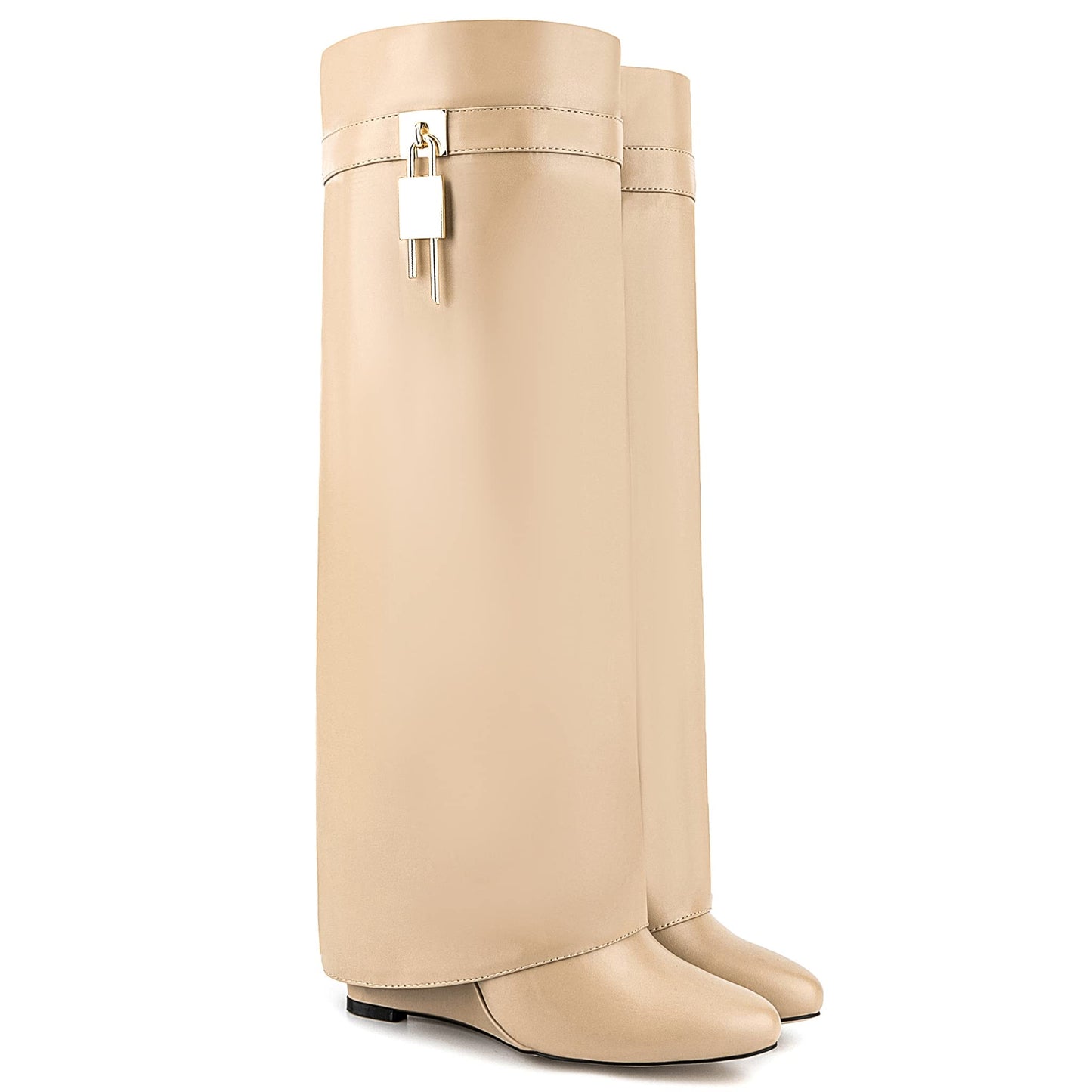 Fold Over Boots for Women Pointy Pull-on Wedge Heel Knee Shark Boot With Side Zipper Padlock Design