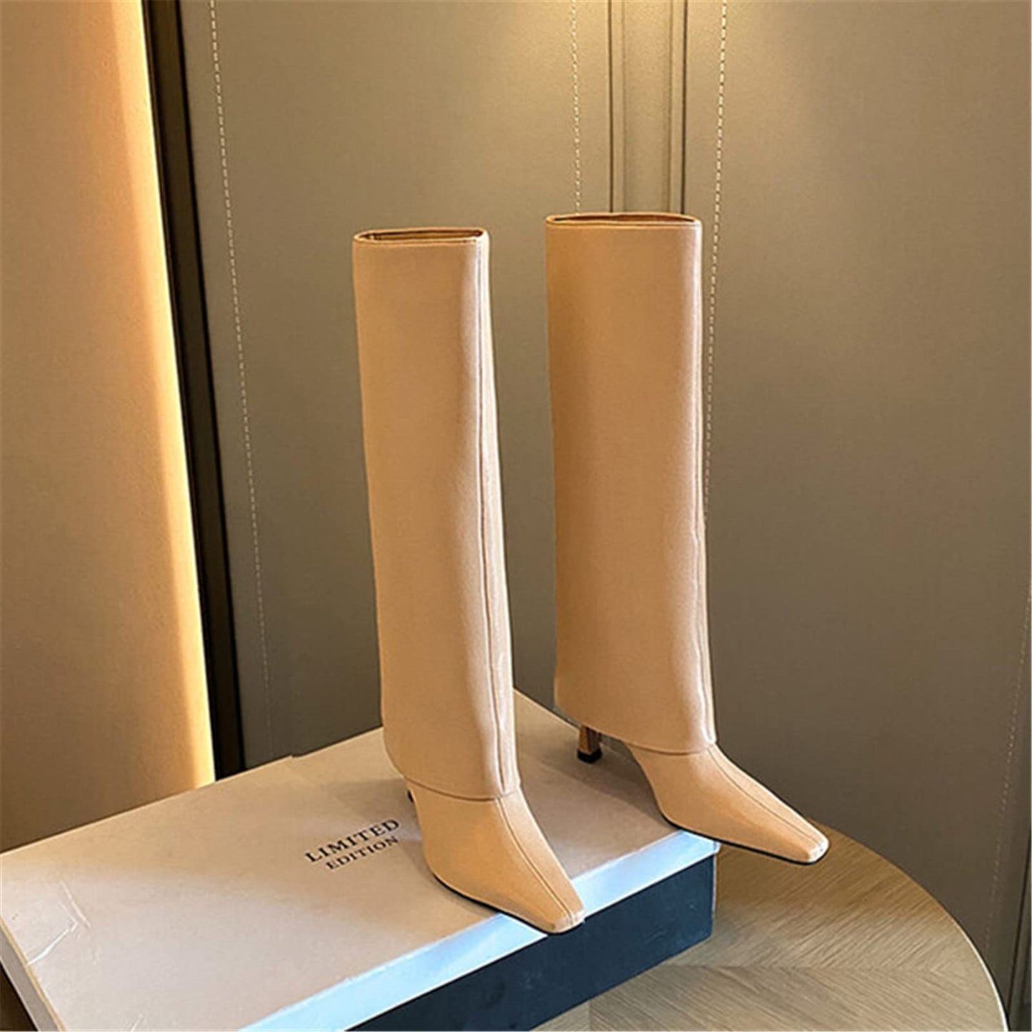 Women's Stiletto Heel Knee High Boots Square Toe Slip On Fold Over Boots For Women Leather Comfortable Dress Tall Boots